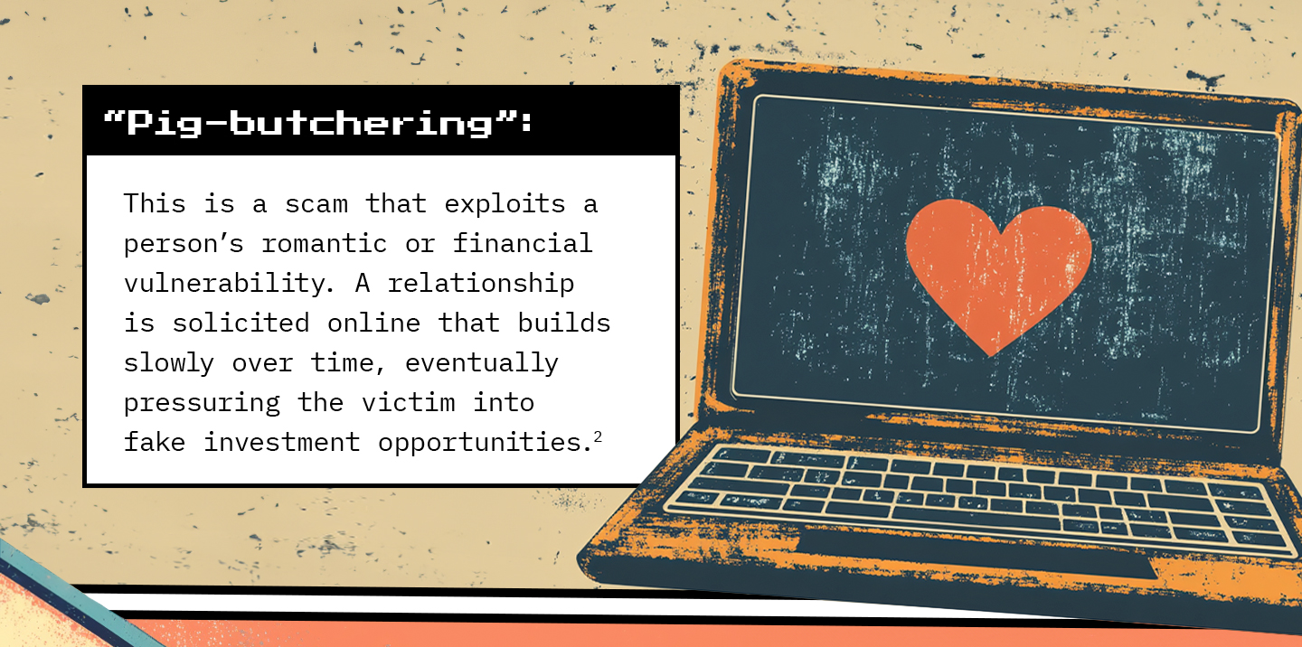 Text next to a laptop displaying a heart symbol. Text: “Pig-butchering”: This is a scam that exploits a person’s romantic or financial vulnerability. A relationship is solicited online that builds slowly over time, eventually pressuring the victim into fake investment opportunities.