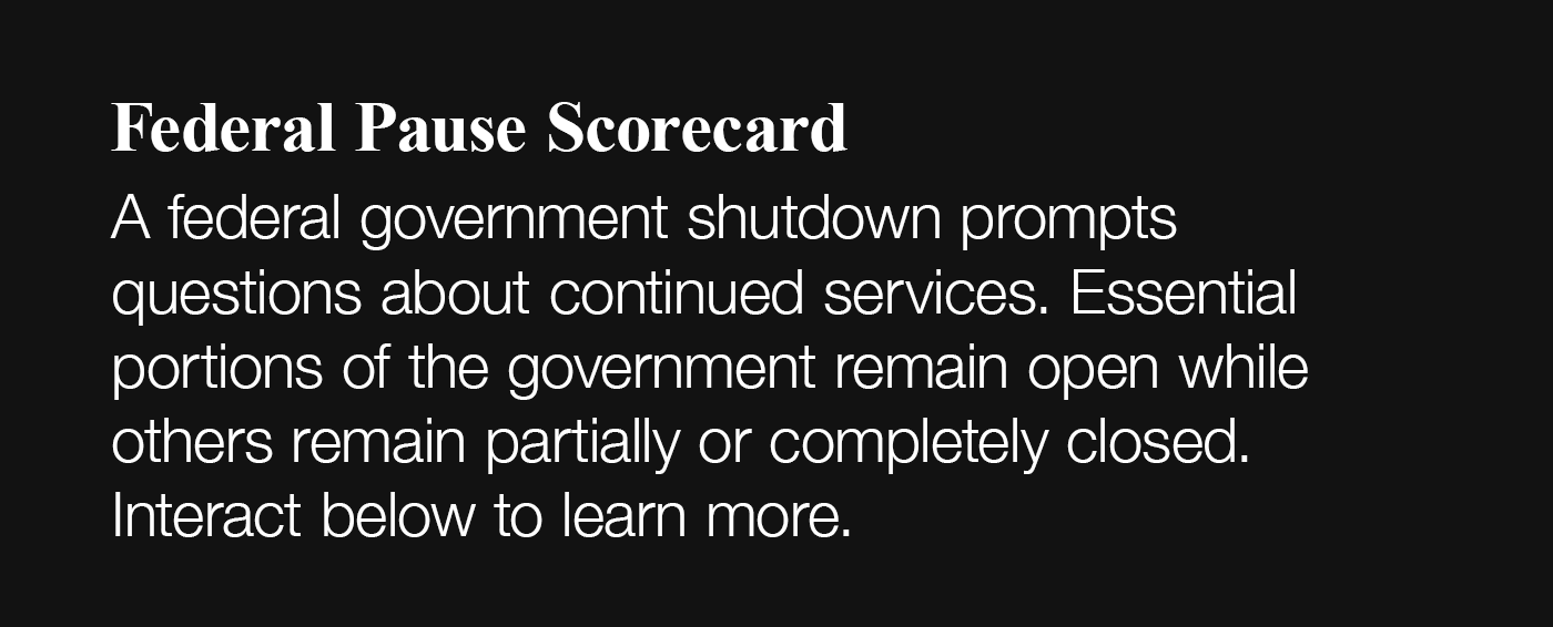 This interactive content illustrates the impact of a government shutdown on key U.S. government entities, categorized by closure status. Before the main graphic, an introduction reads: Federal Pause Scorecard. A federal government shutdown prompts questions about continued services. Essential portions of the government remain open while others remain partially or completely closed. Interact below to learn more.