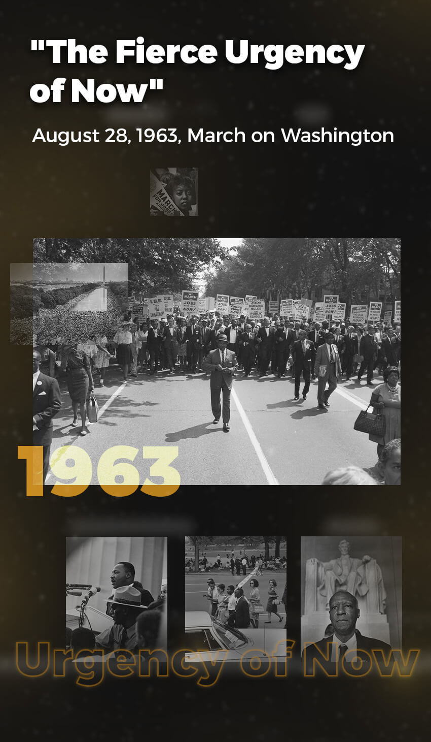 The fourth image rests on a dark background with the words, Urgency of Now, at the bottom. Above this are a series of photos from the historic civil rights march on Washington with the year 1963 slightly to the left.