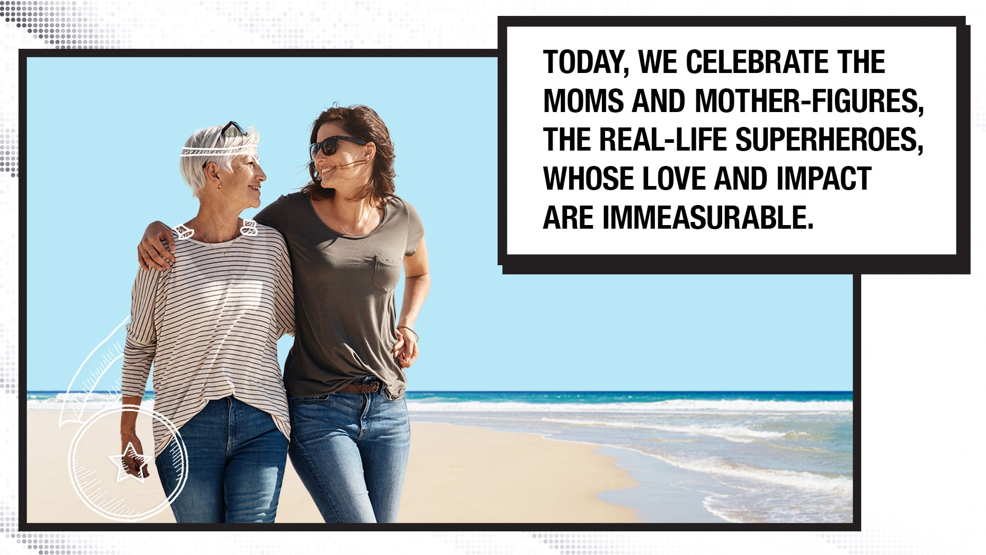 The last image has the following text in a comic book-style block on the upper right-hand side. The text reads: Today, we celebrate the moms and mother-figures, the real-life super heroes, whose love and impact are immeasurable. An older woman and a younger woman walk along a beach with their arms around each other. The older woman is wearing a hand-drawn cape and crown, carrying a shield.