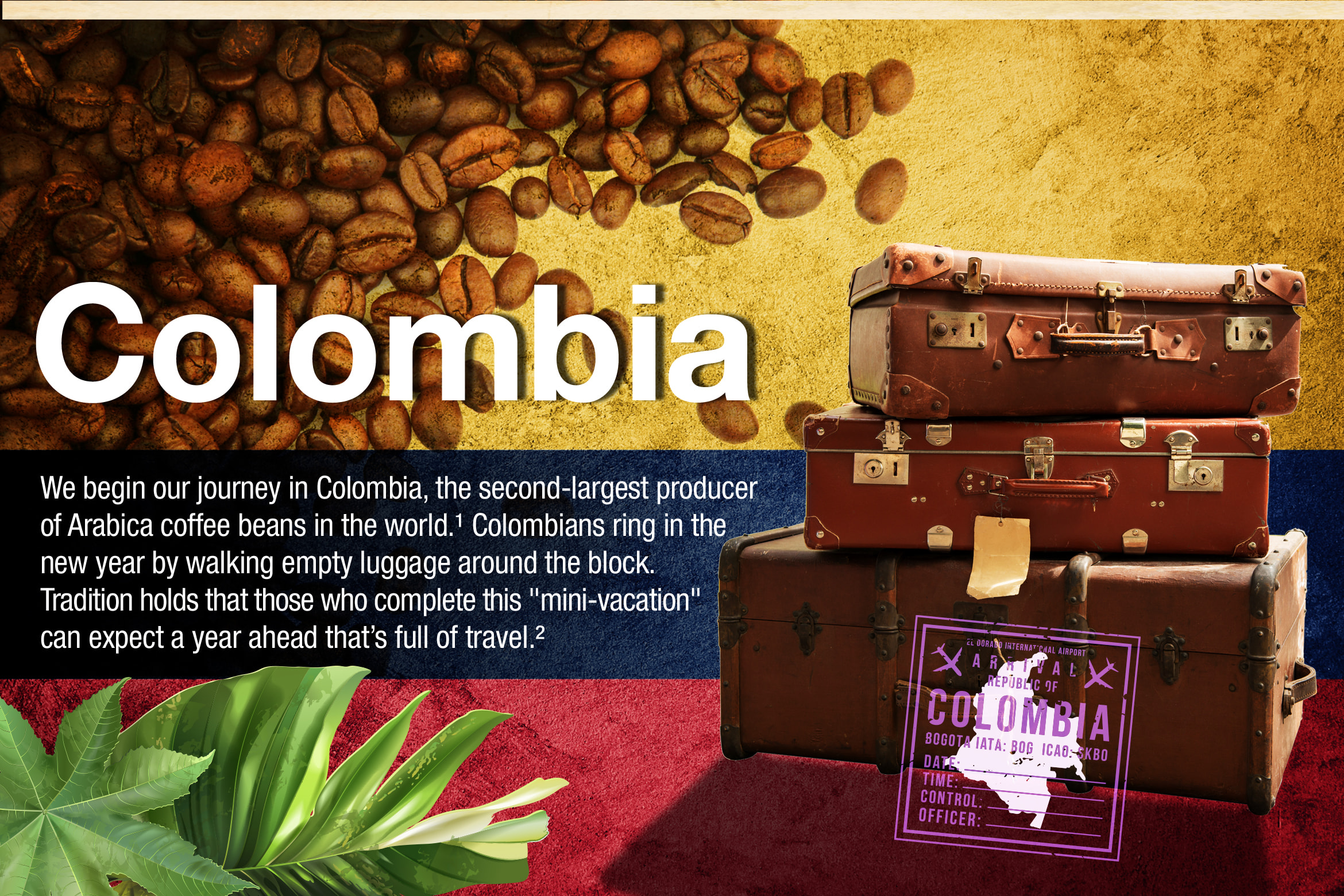 Colombia. We begin our journey in Colombia, the second-largest producer of Arabica coffee beans in the world. 1 Colombians ring in the new year by walking empty luggage around the block. Tradition holds that those who complete this "mini-vacation" can expect a year ahead that’s full of travel. 2