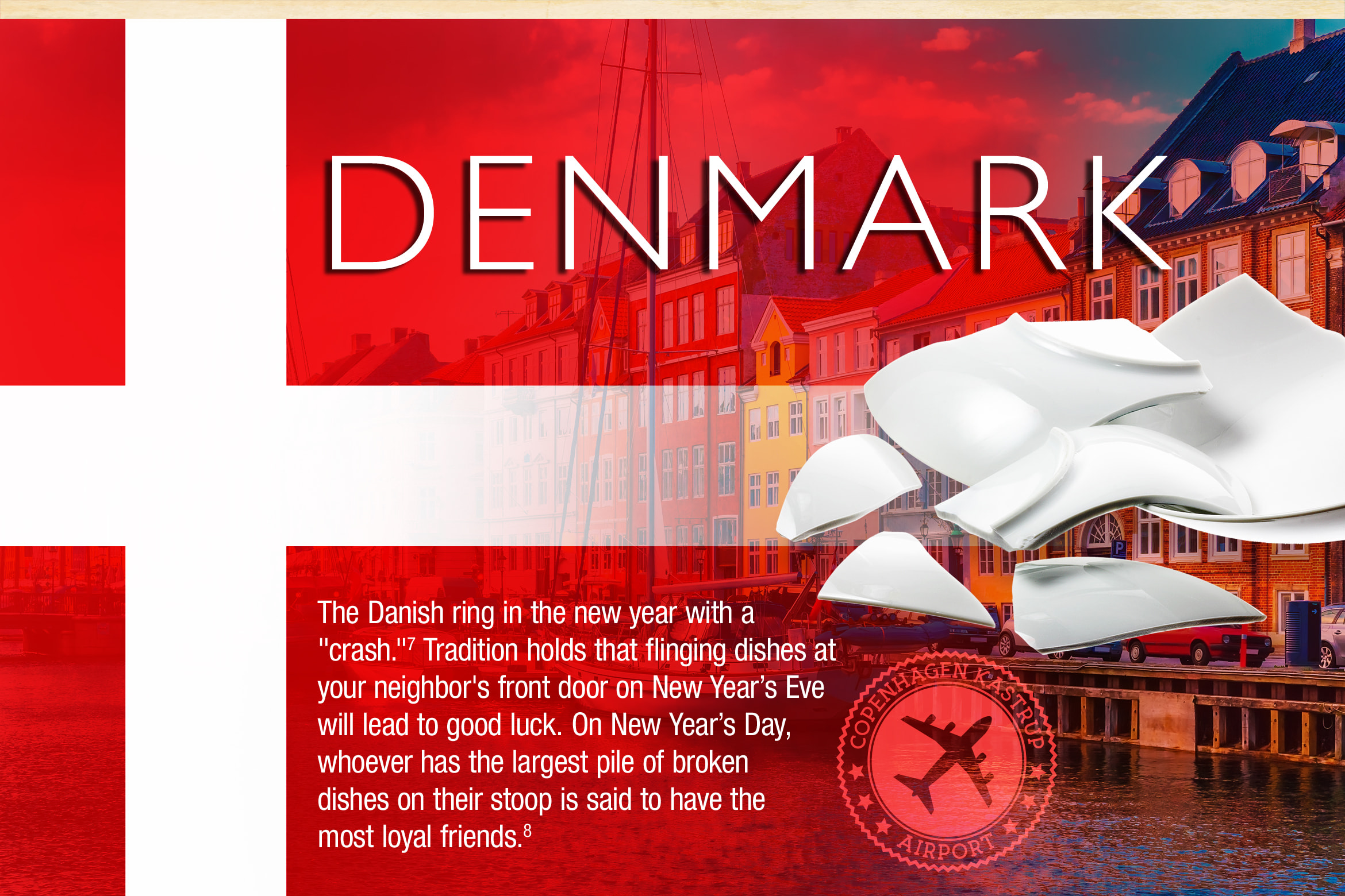 Denmark. The Danish ring in the new year with a 
"crash."7 Tradition holds that flinging dishes at your neighbors front door on New Year’s Eve will lead to good luck. On New Year’s Day, whoever has the largest pile of broken dishes on their stoop is said to have the most loyal friends.8