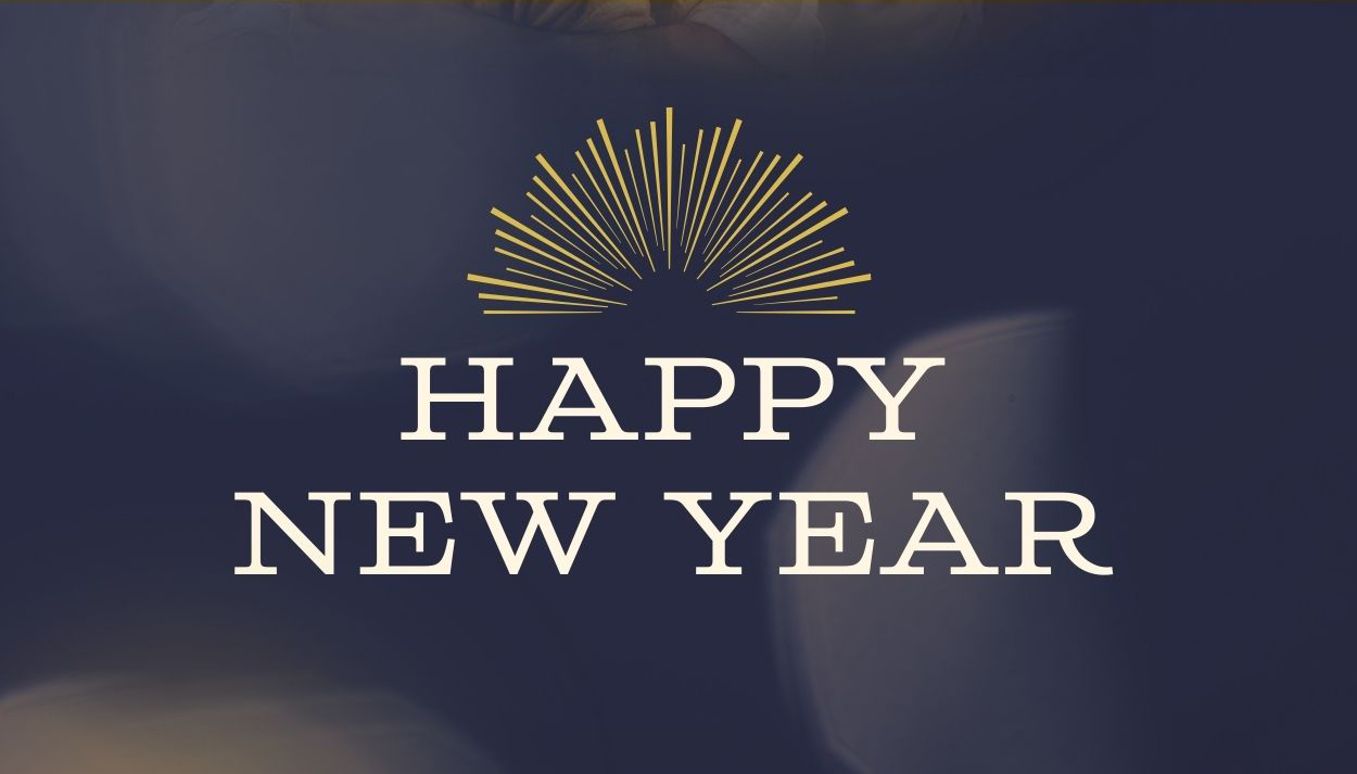 The final image has the following text: Happy New Year. The image is an Art Deco gold fan shape above the text on a blue background with transparent white circles.