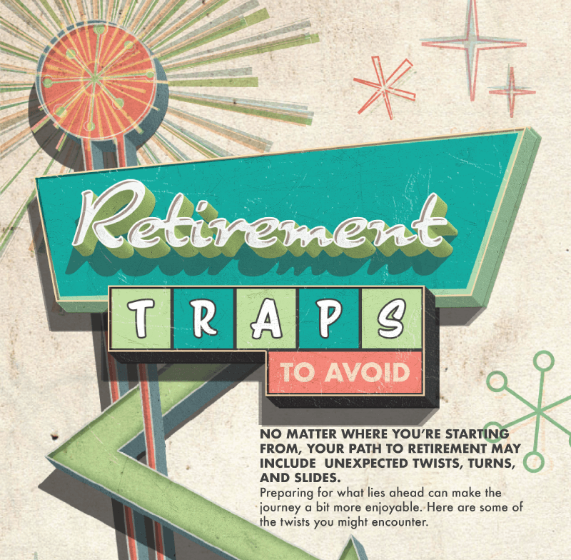 A 1960s-style sign sits atop a chain of boardgame-style tiles which snake down the page. Geometric styled sunbursts and stars decorate the background. The sign reads: Retirement Traps to Avoid. Below the sign are words that read: No matter where you’re starting from, your path to retirement may include unexpected twists, turns, and slides. Preparing for what lies ahead can make the journey a bit more enjoyable. Here are some of the twists you might encounter.