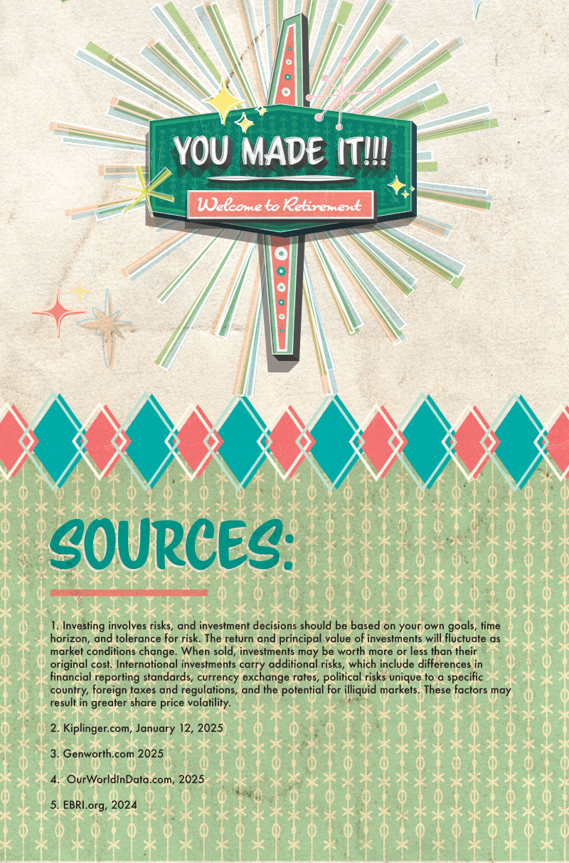 The game tiles end at a large sign at the center-bottom of the image. It is in the same retro style as the others and reads: You Made it! Welcome to Retirement. The sign has stylized beams of light coming out of the back and is surrounded by smaller illustrations of twinkling stars. A border of overlapping diamonds ends the bottom of the image.