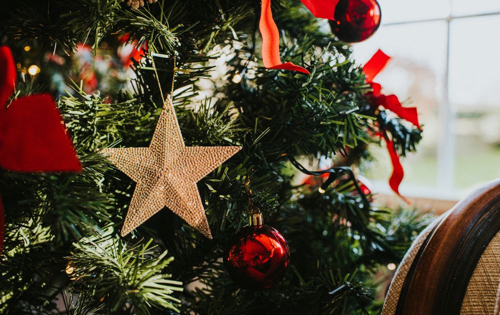 Close-up of a Christmas tree decorated with a golden star ornament, red baubles, and festive ribbons.