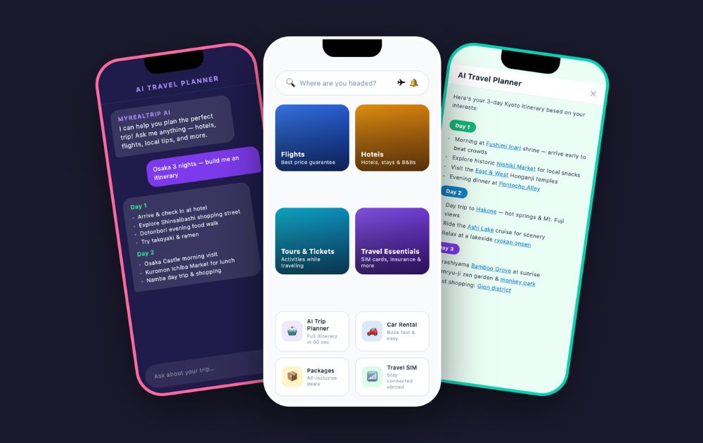Three smartphone screens display an AI-powered travel planning app showing itineraries, destination categories, and a chat interface.
